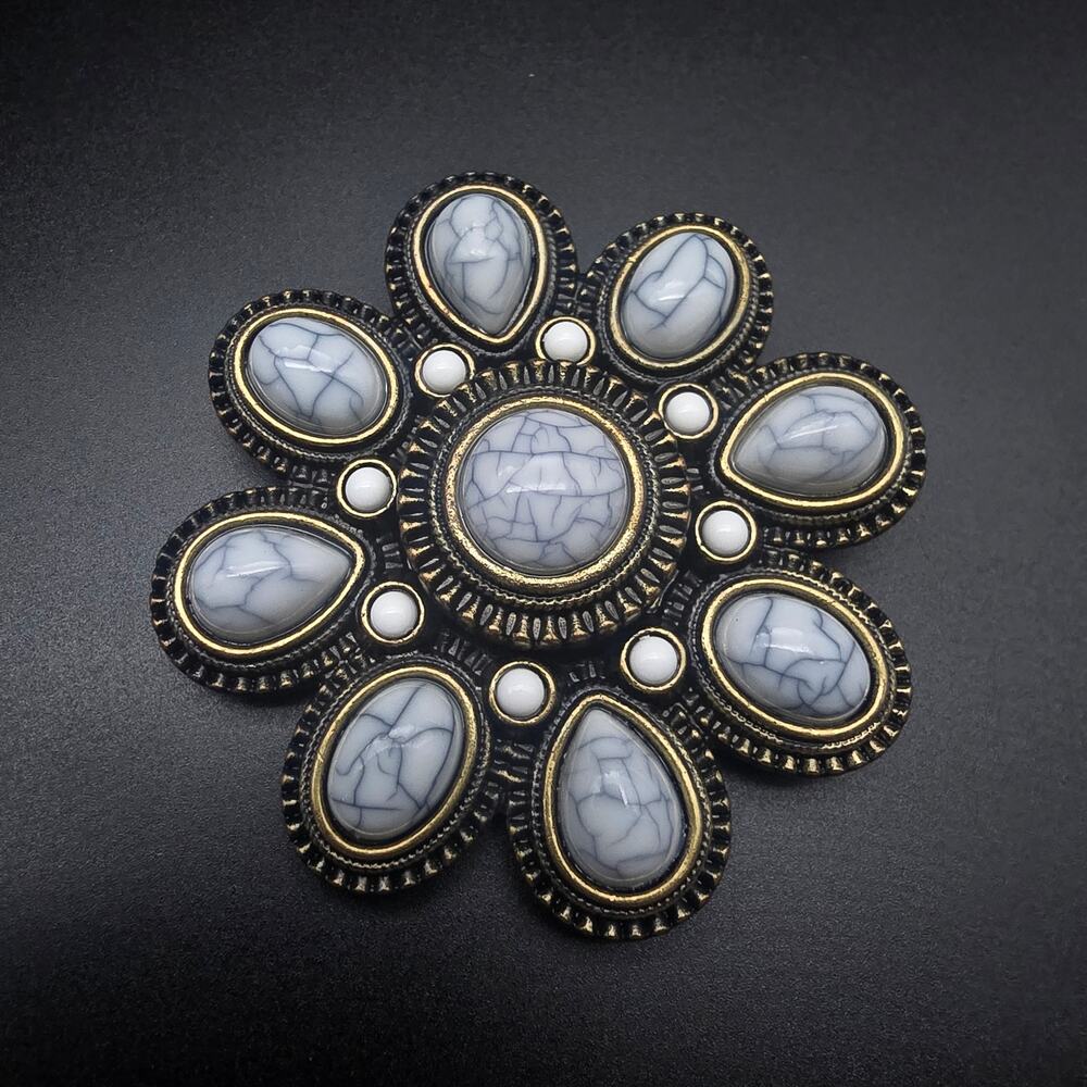 Premier Designs Flower Brooch Faux Howlite White Bronze Tone